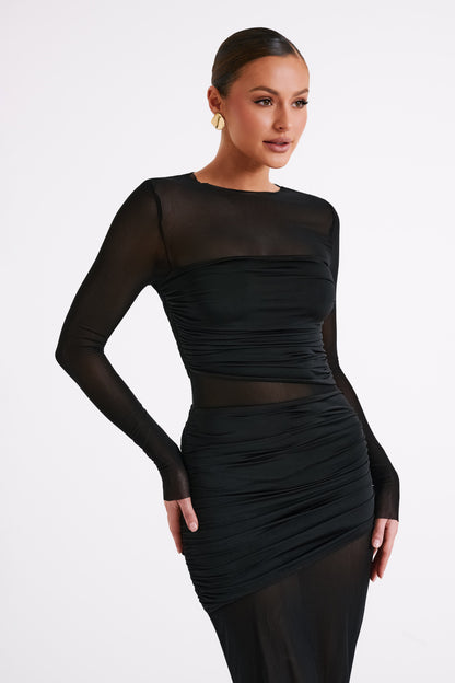 ROF Kate Fileli Ve Naylon Maxi Elbise - Siyah