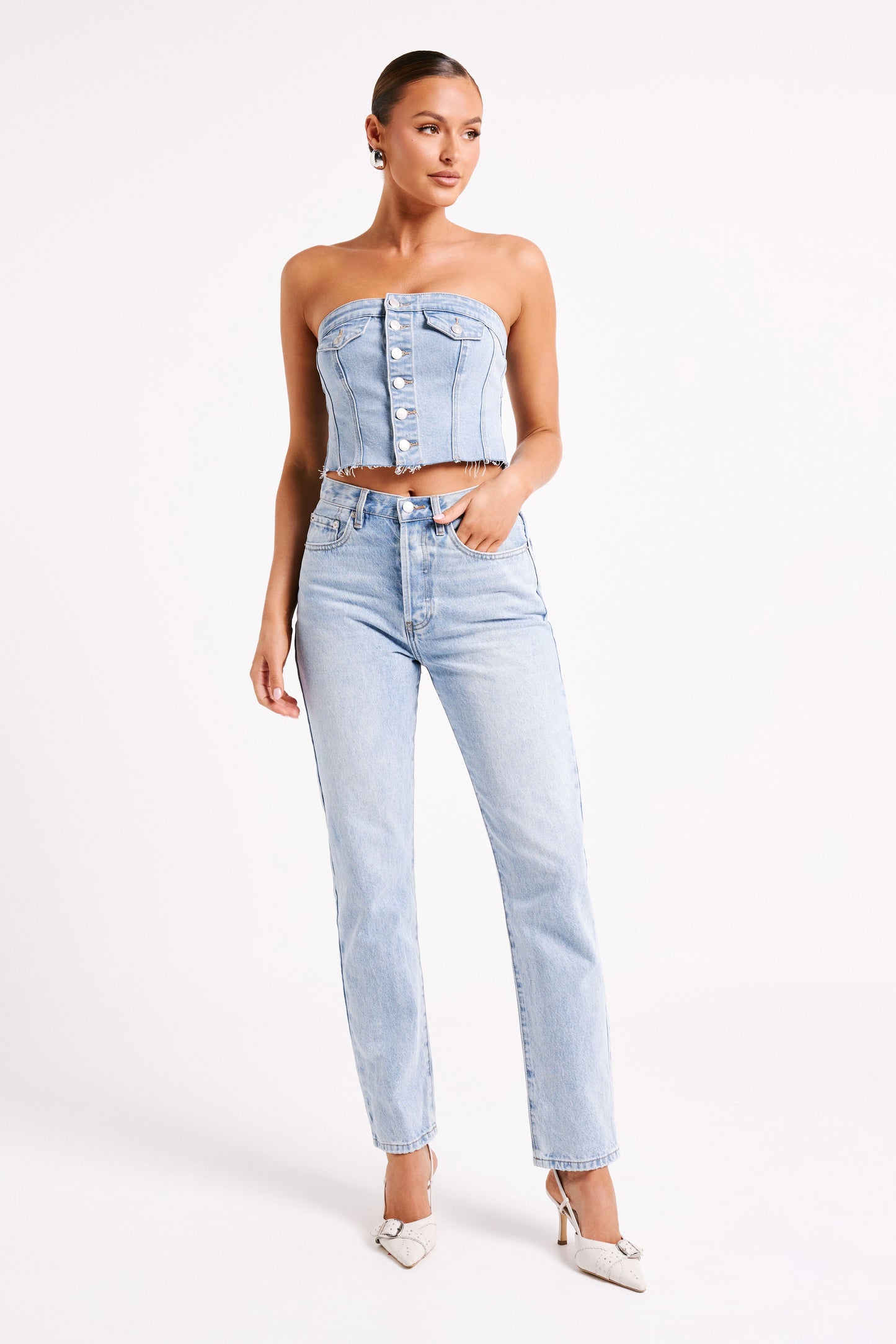 ROF Sandy Düğmeli Denim Tüp Üst - Orta Mavi