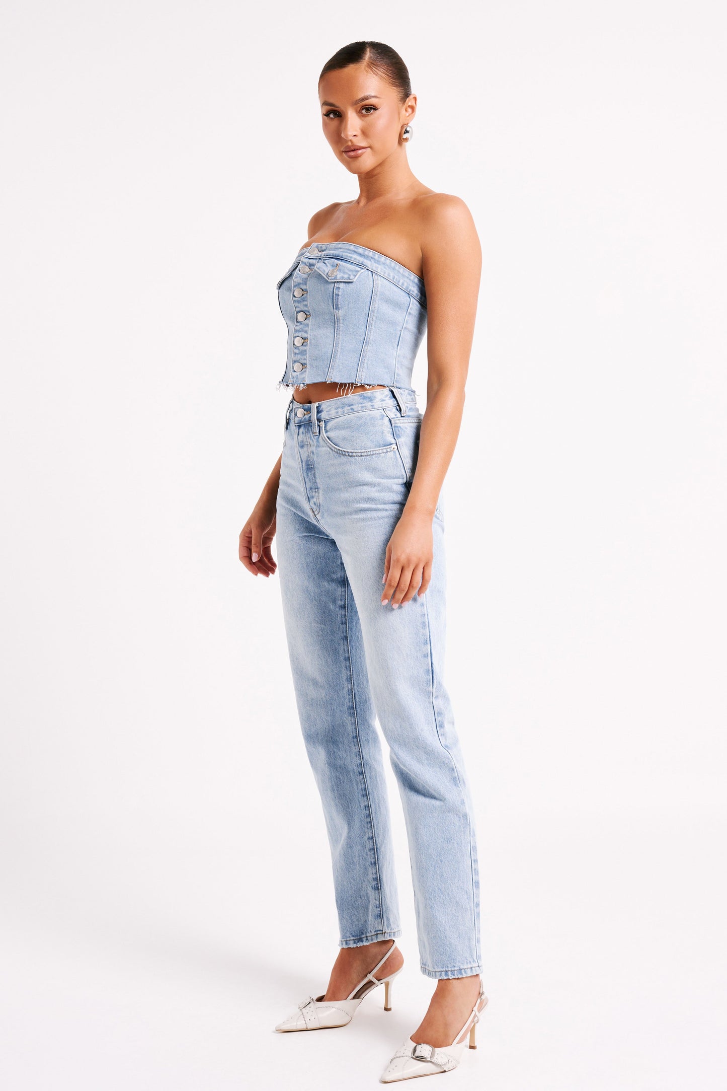 ROF Sandy Düğmeli Denim Tüp Üst - Orta Mavi