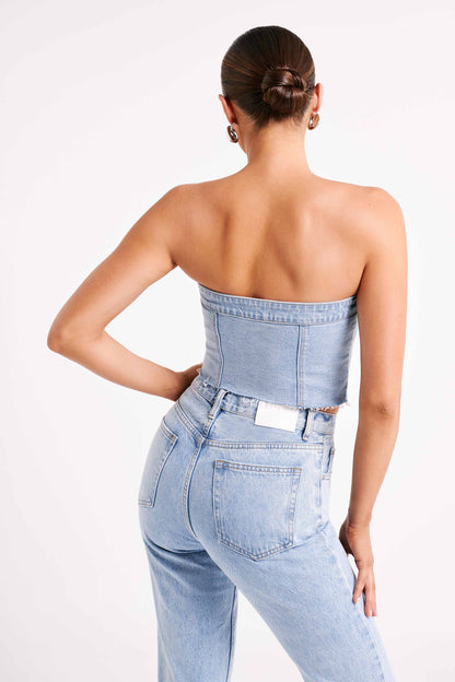 ROF Sandy Düğmeli Denim Tüp Üst - Orta Mavi