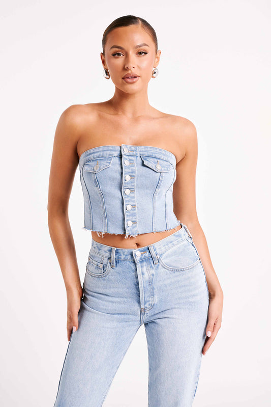 ROF Sandy Düğmeli Denim Tüp Üst - Orta Mavi