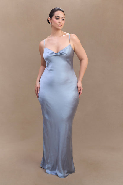 ROF Lilly Sweetheart Saten Maxi Elbise - Buzlu Mavi