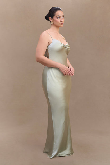 ROF Lilly Sweetheart Saten Maxi Elbise - Adaçayı
