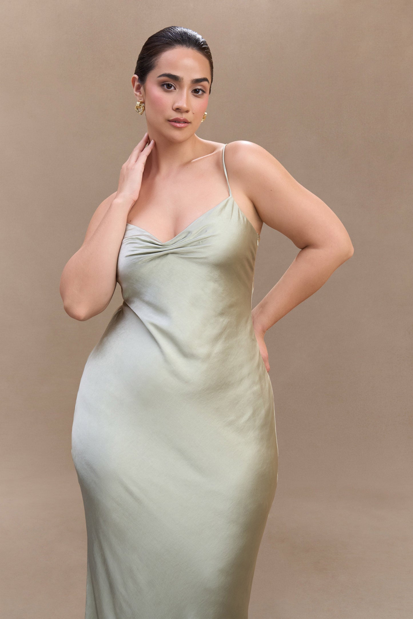 ROF Lilly Sweetheart Saten Maxi Elbise - Adaçayı