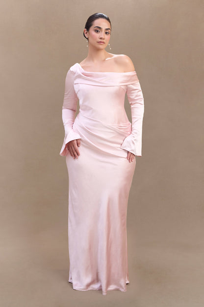 ROF Iris Uzun Kol Saten Maxi Elbise - Soft Pembe