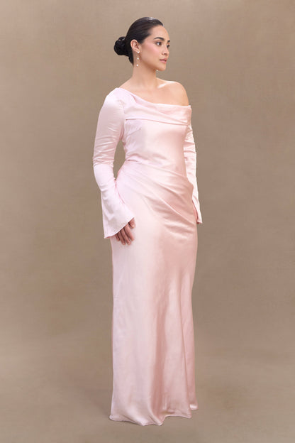 ROF Iris Uzun Kol Saten Maxi Elbise - Soft Pembe
