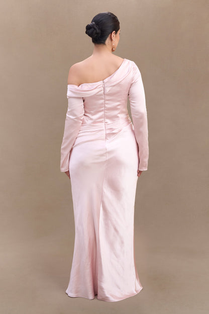 ROF Iris Uzun Kol Saten Maxi Elbise - Soft Pembe
