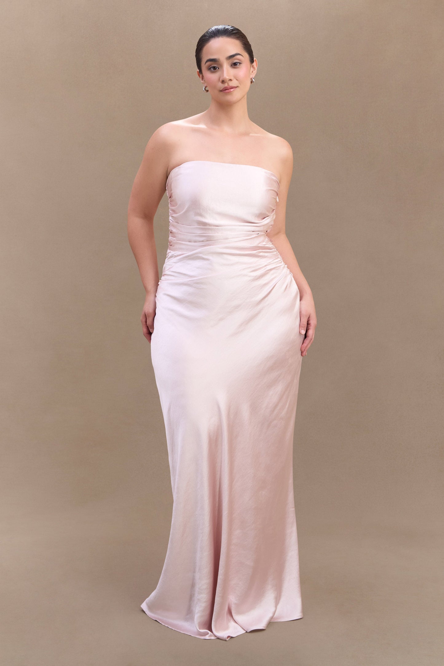 ROF Sedir Straplez Saten Maxi Elbise - Soft Pembe
