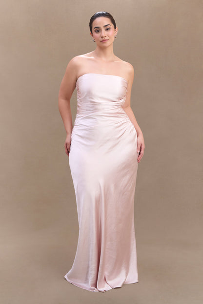 ROF Sedir Straplez Saten Maxi Elbise - Soft Pembe