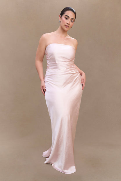 ROF Sedir Straplez Saten Maxi Elbise - Soft Pembe