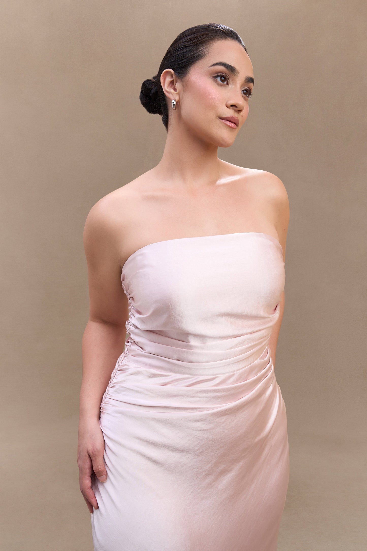 ROF Sedir Straplez Saten Maxi Elbise - Soft Pembe