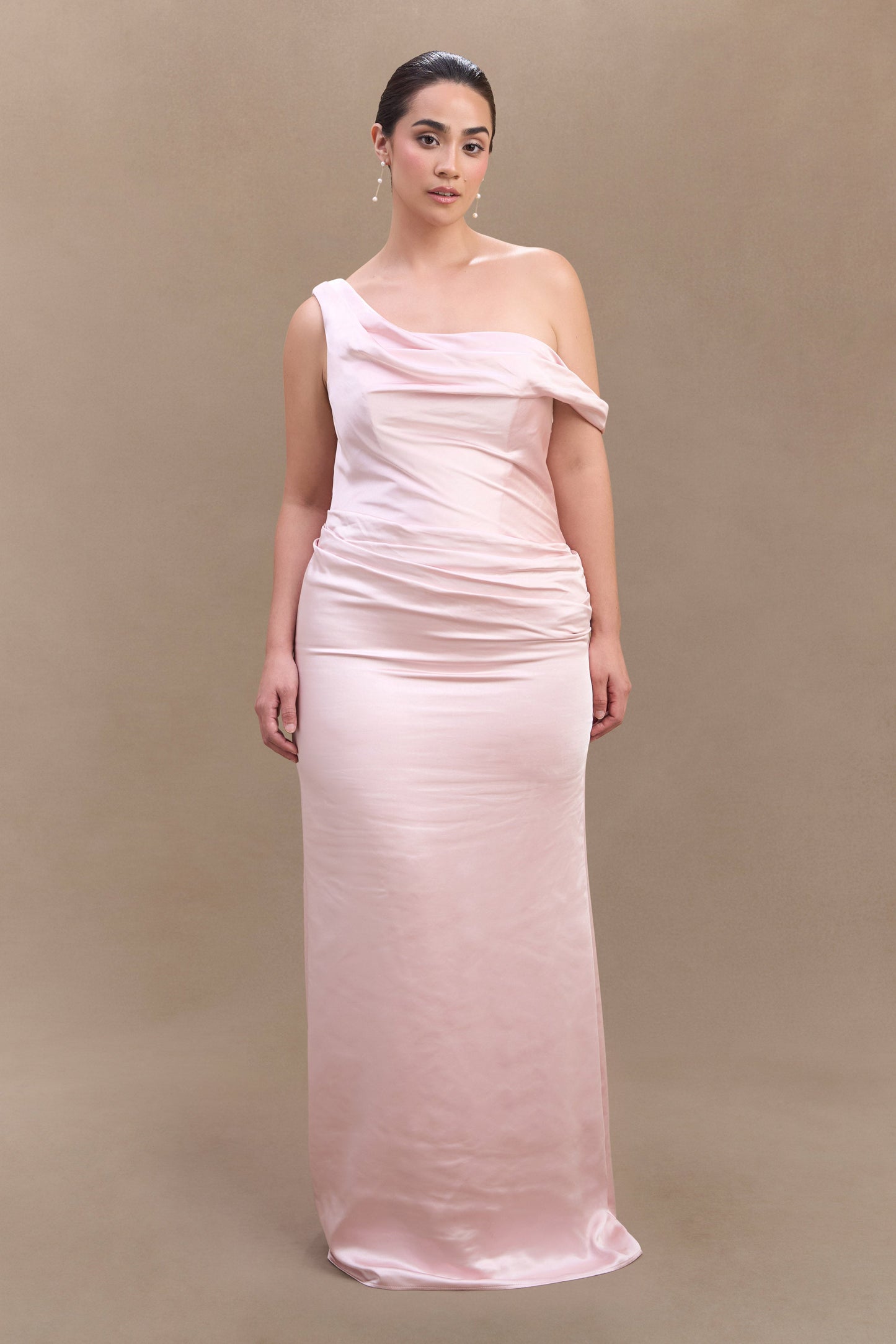 ROF Dalia Düşük Omuzlu Saten Maxi Elbise - Soft Pembe
