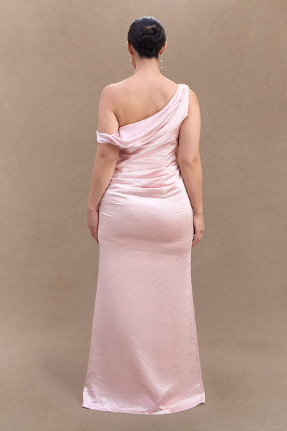 ROF Dalia Düşük Omuzlu Saten Maxi Elbise - Soft Pembe