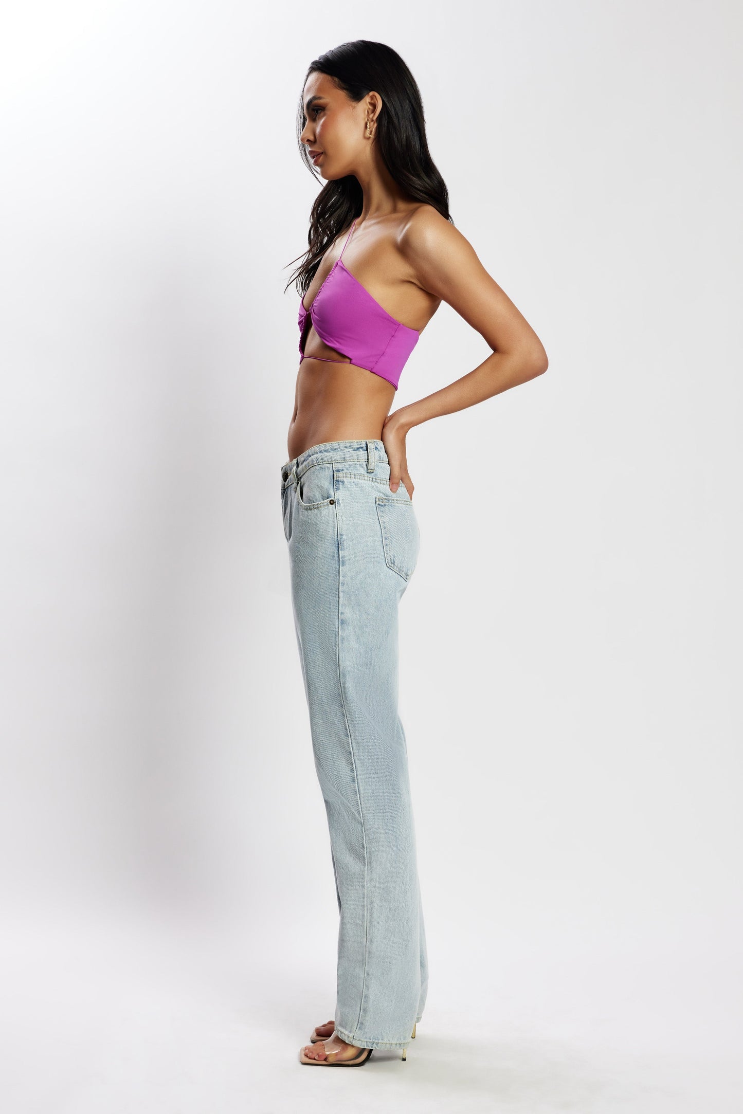 ROF Montana Dantelli Kesik Crop Top - Mor