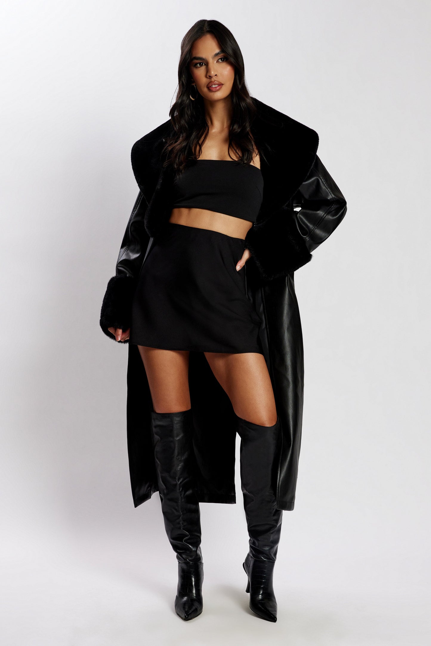 ROF Rebekah Oversize Kürklü Pu Trençkot - Siyah