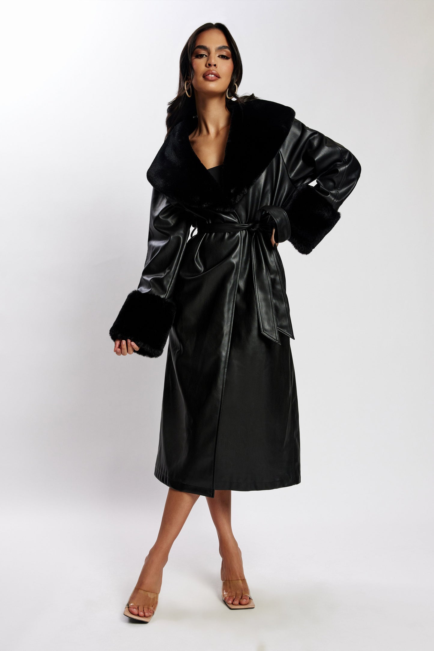 ROF Rebekah Oversize Kürklü Pu Trençkot - Siyah