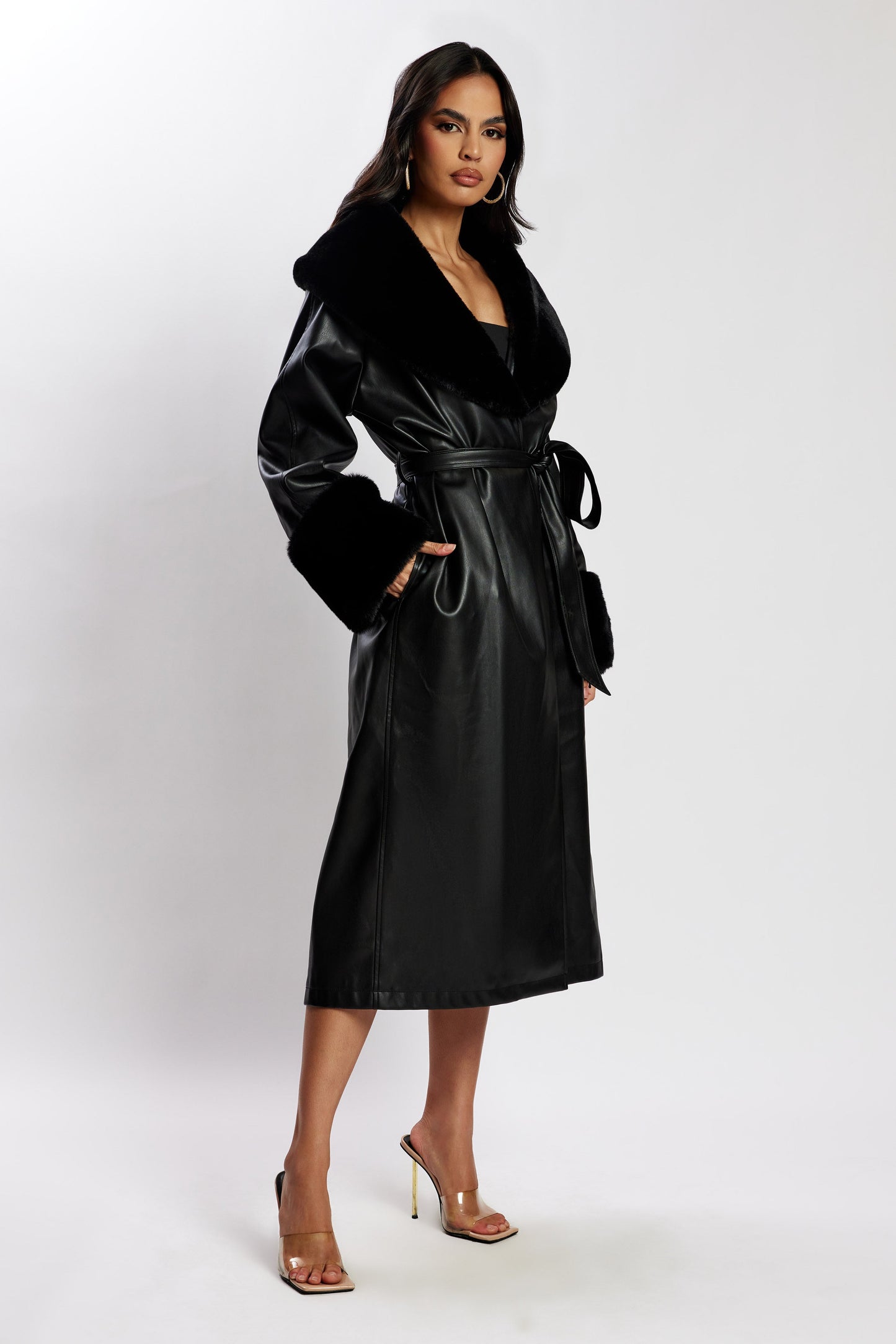 ROF Rebekah Oversize Kürklü Pu Trençkot - Siyah
