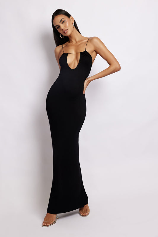 ROF Kirsty Strappy Yuvarlak Kesim Uzun Elbise - Siyah