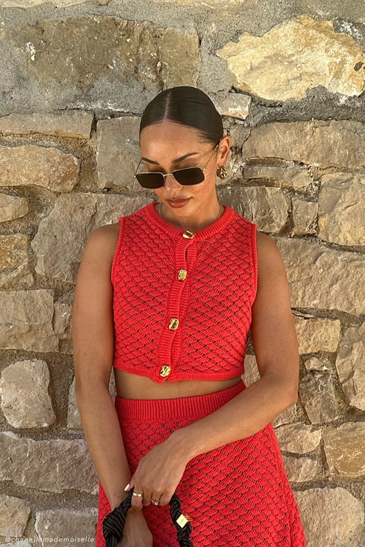 ROF Lorenza Tığ İşi Düğmeli Crop Top - Nar