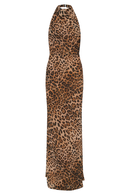 ROF Estella Şifon Kukuletalı Maxi Elbise - Leopar Desenli