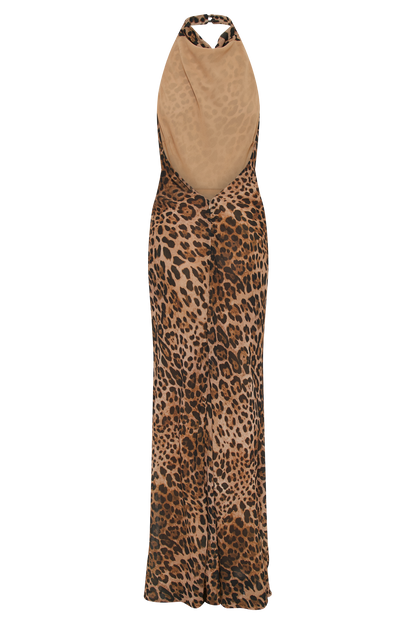 ROF Estella Şifon Kukuletalı Maxi Elbise - Leopar Desenli