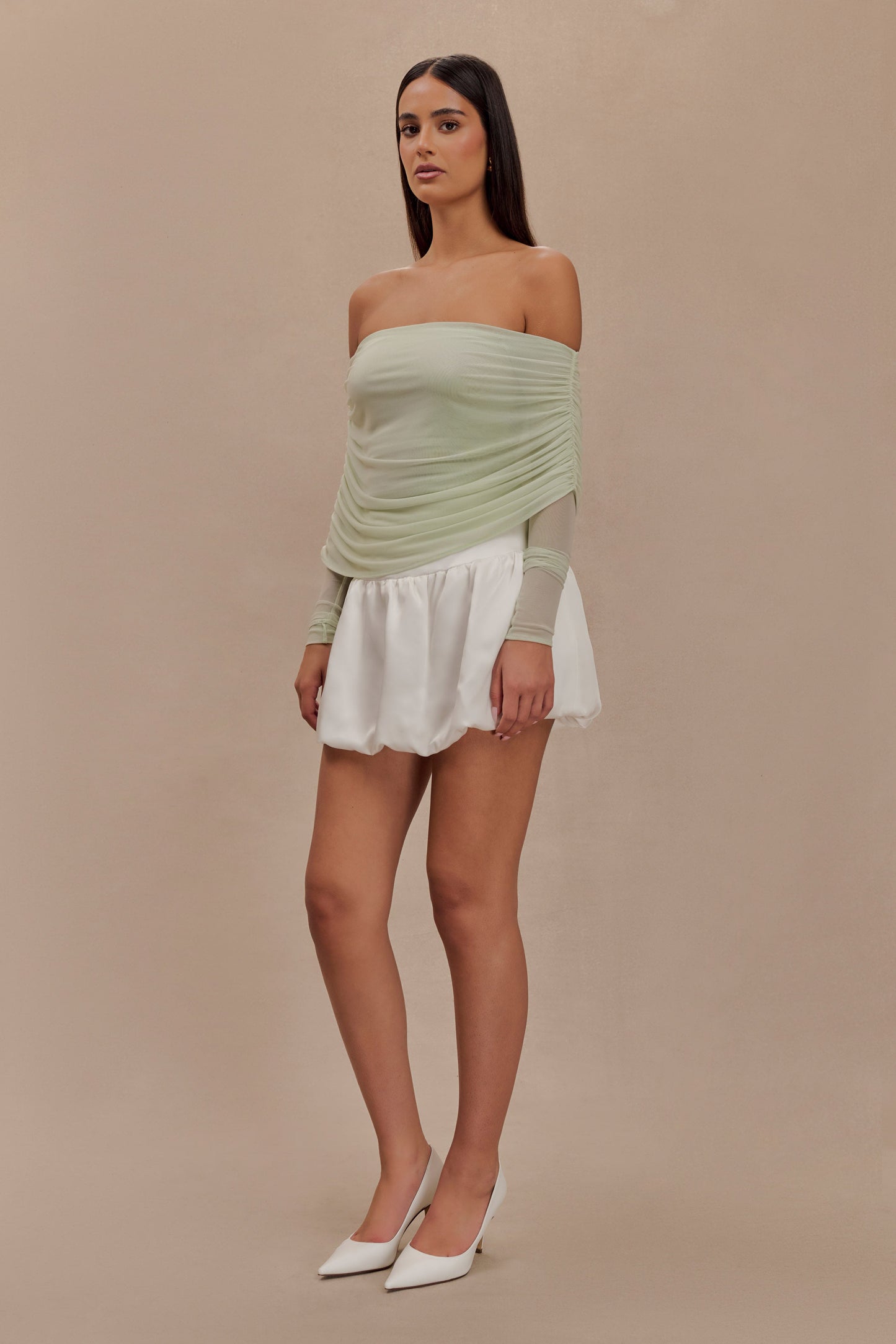 ROF Everly Sheer Mesh Düşük Omuz Üst - Pastel Yeşil