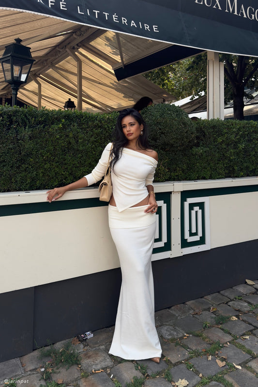 ROF Karlie Beli Lastikli Örgü Maxi Etek - Fildişi