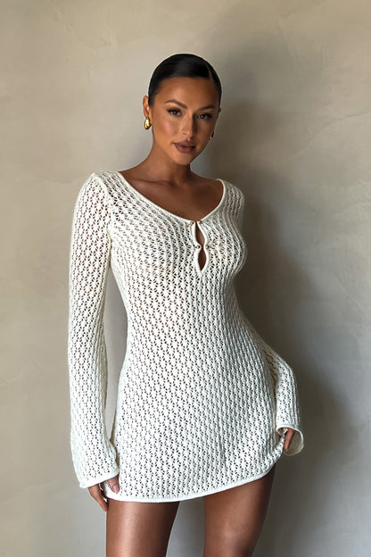 ROF Kayleigh Tığ Örgü Mini Elbise - Beyaz