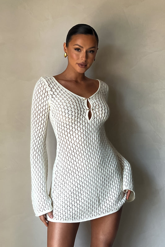 ROF Kayleigh Tığ Örgü Mini Elbise - Beyaz