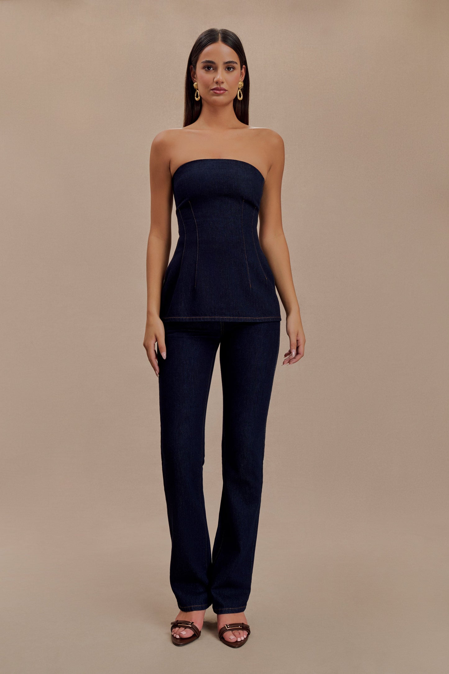 ROF Madelyn Straplez Longline Denim Üst - İndigo Mavi