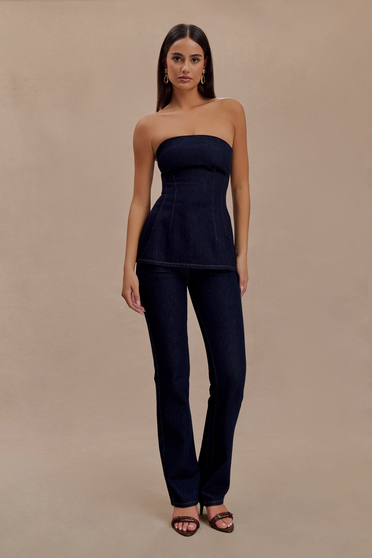 ROF Madelyn Straplez Longline Denim Üst - İndigo Mavi
