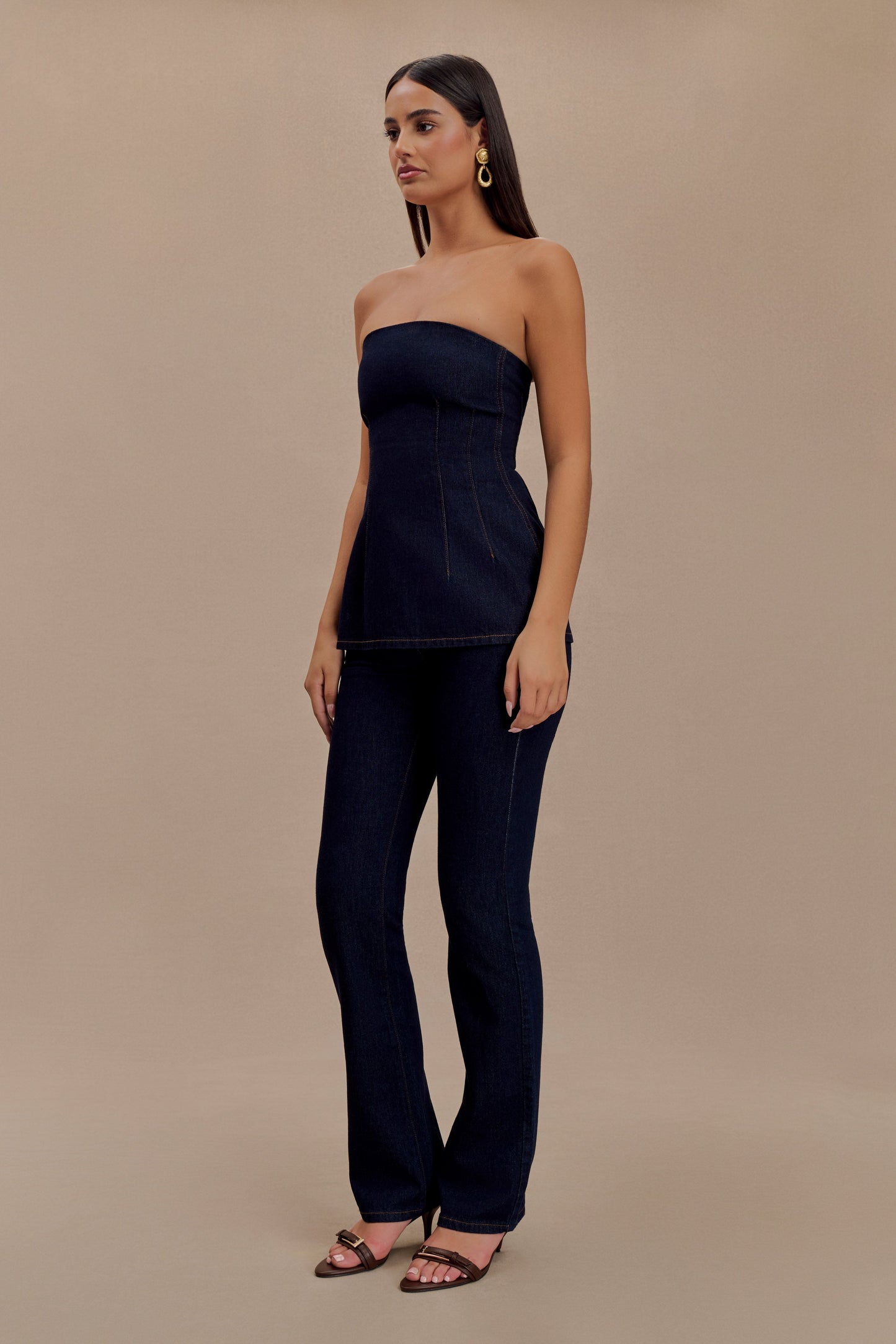 ROF Madelyn Straplez Longline Denim Üst - İndigo Mavi