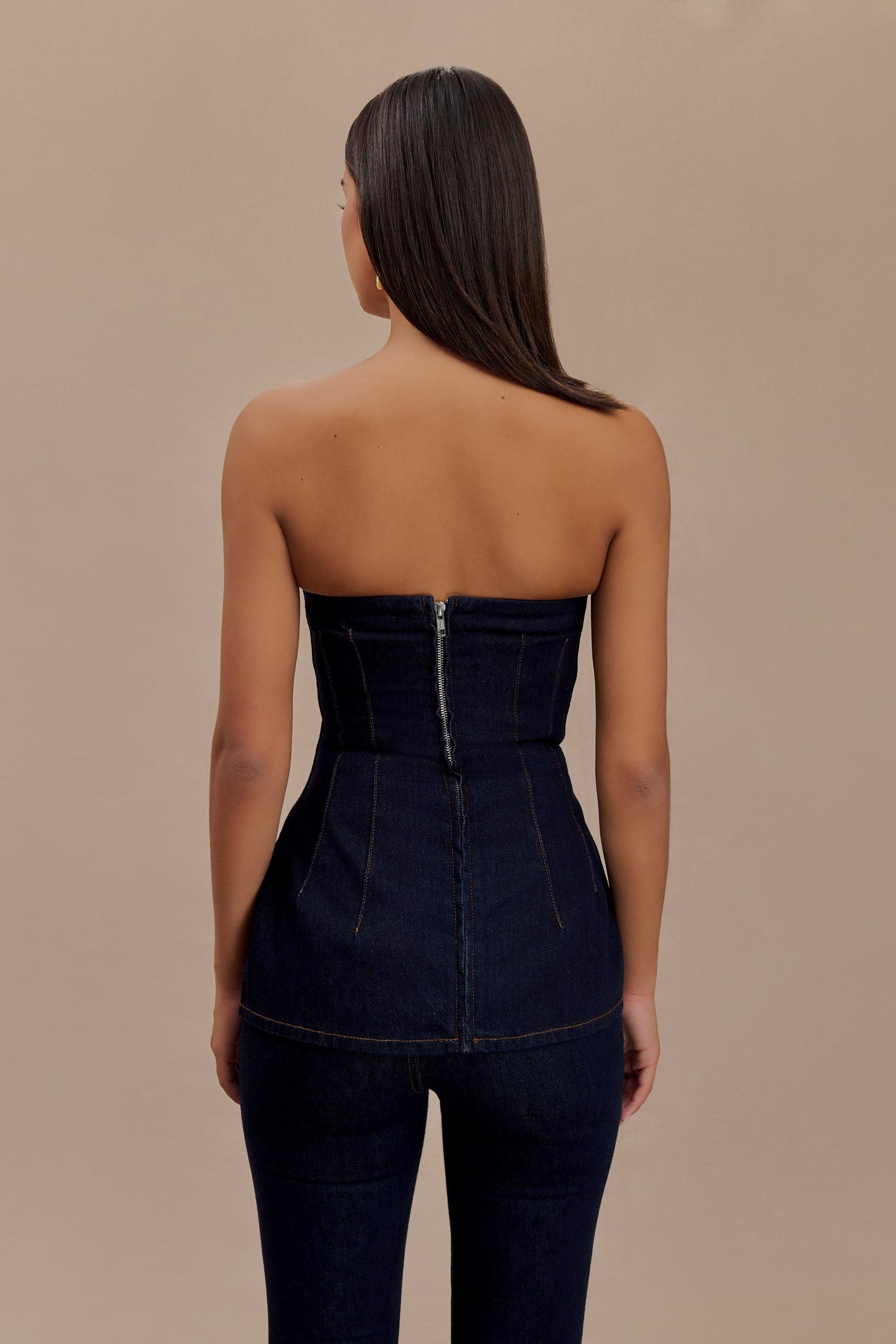 ROF Madelyn Straplez Longline Denim Üst - İndigo Mavi