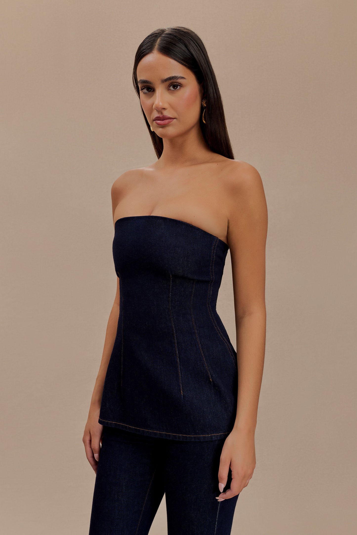 ROF Madelyn Straplez Longline Denim Üst - İndigo Mavi