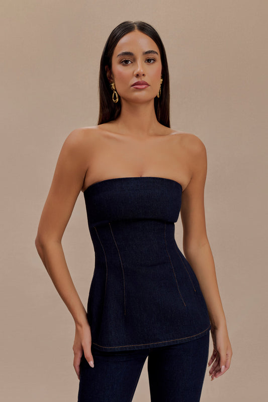 ROF Madelyn Straplez Longline Denim Üst - İndigo Mavi