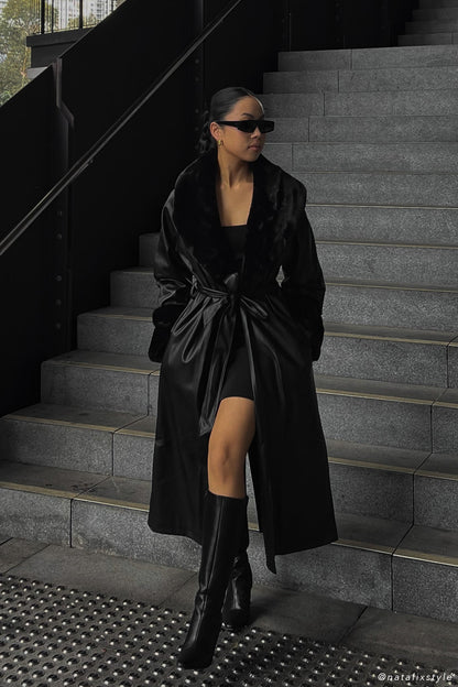 ROF Rebekah Oversize Kürklü Pu Trençkot - Siyah