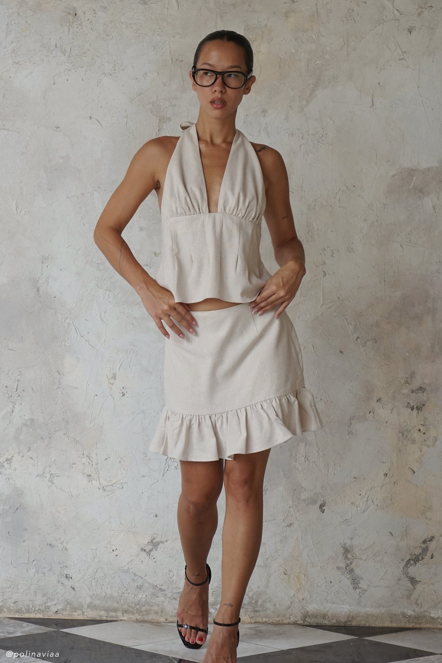 ROF Delfina Fırfırlı Keten Mini Etek - Naturel