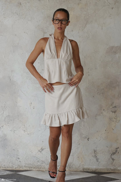 ROF Delfina Fırfırlı Keten Mini Etek - Naturel