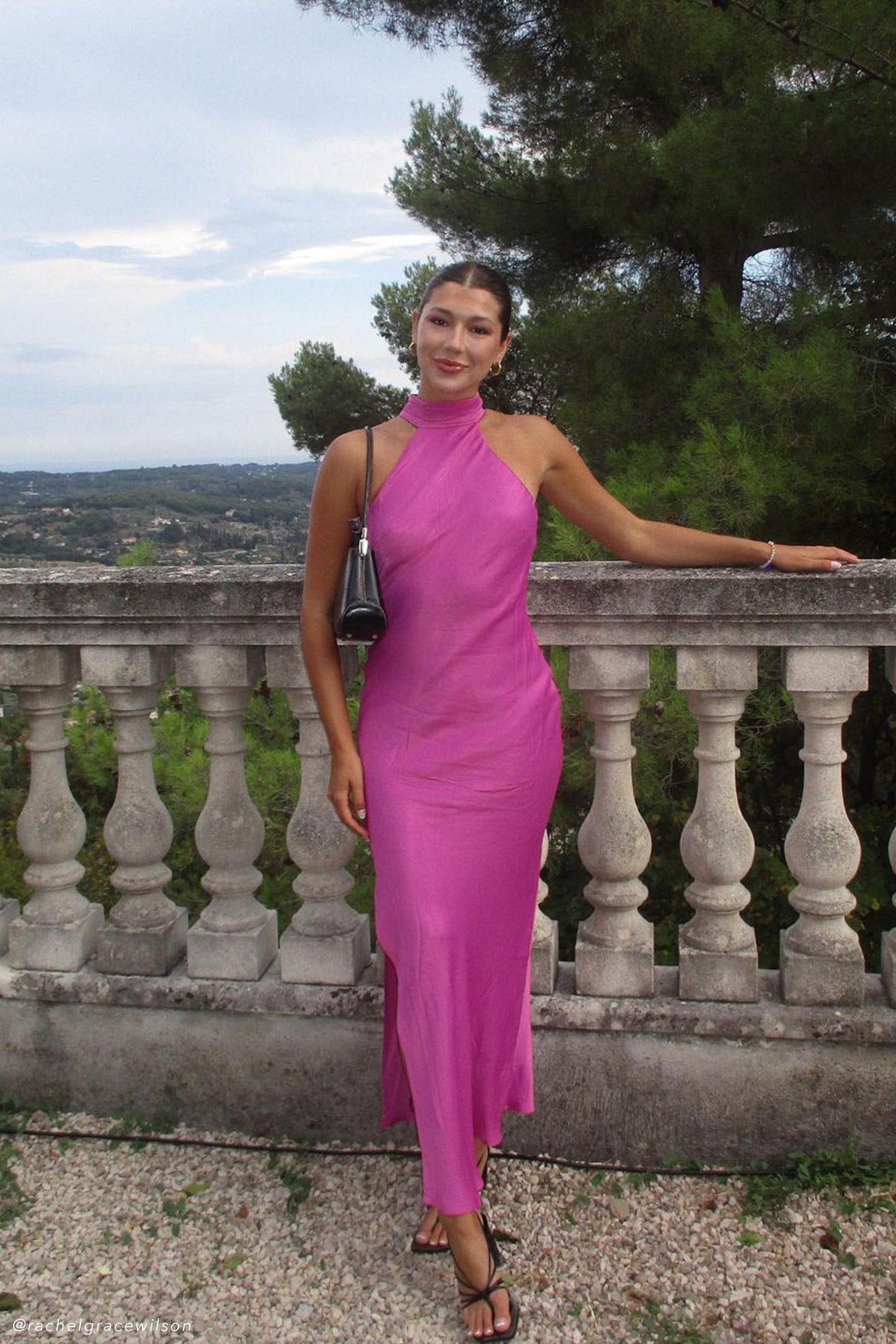 ROF Claire Saten Drapeli Sırtlı Uzun Elbise - Pembe