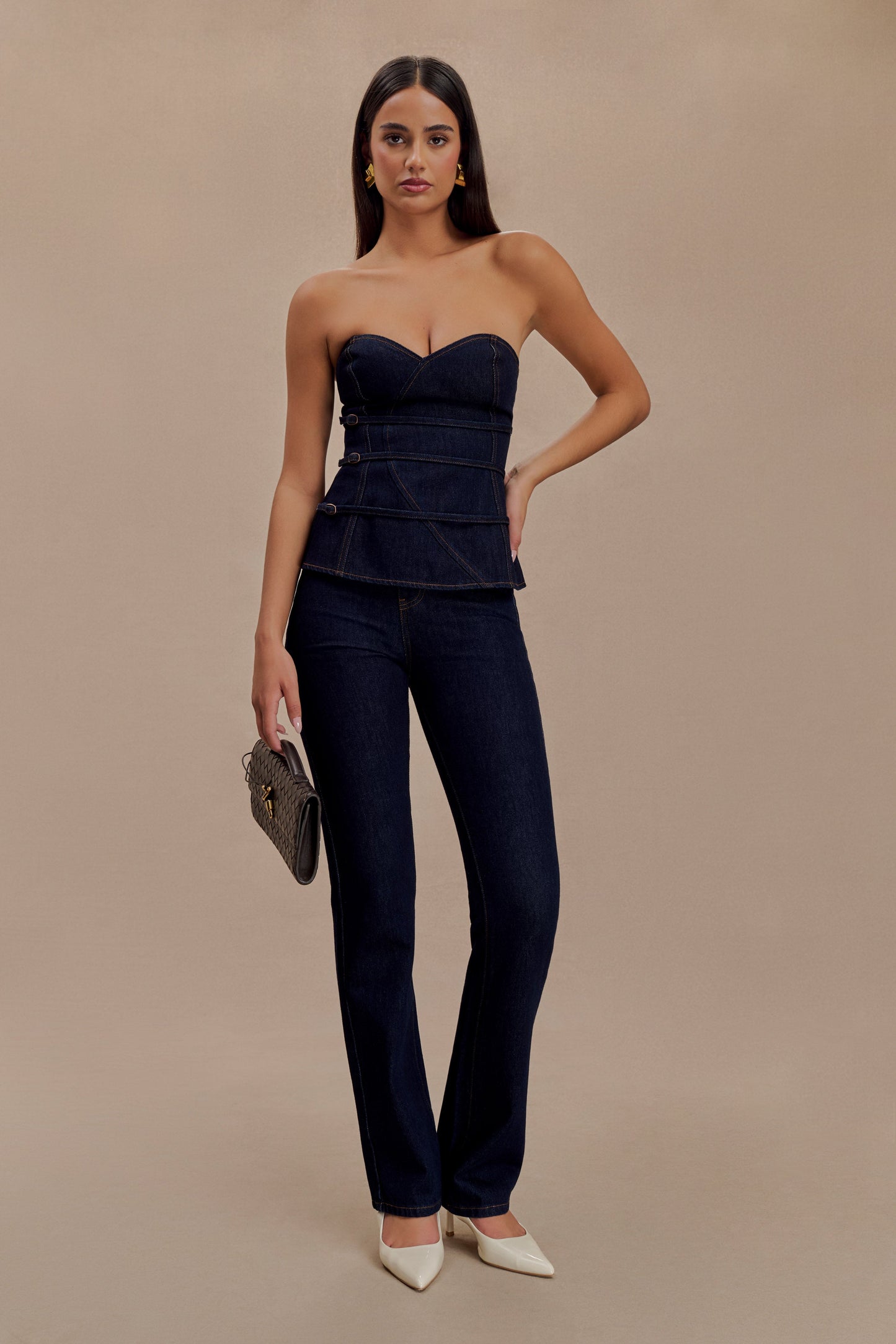 ROF Sylas Straplez Tokalı Denim Üst - İndigo Mavi