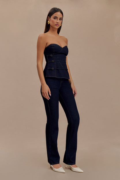 ROF Sylas Straplez Tokalı Denim Üst - İndigo Mavi