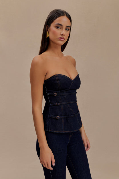 ROF Sylas Straplez Tokalı Denim Üst - İndigo Mavi